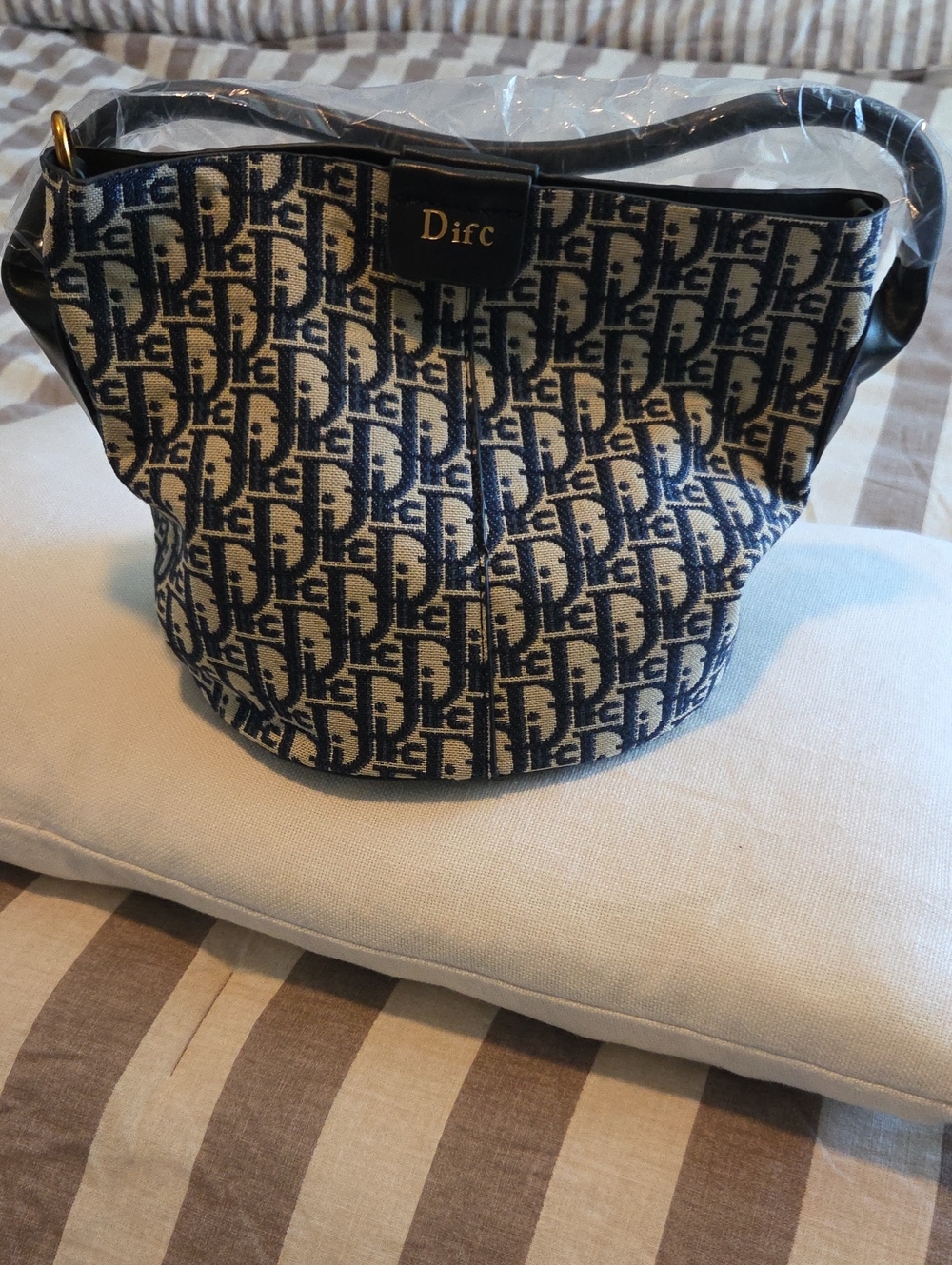 Monogram Canvas Bucket Bag - Navy and Cream